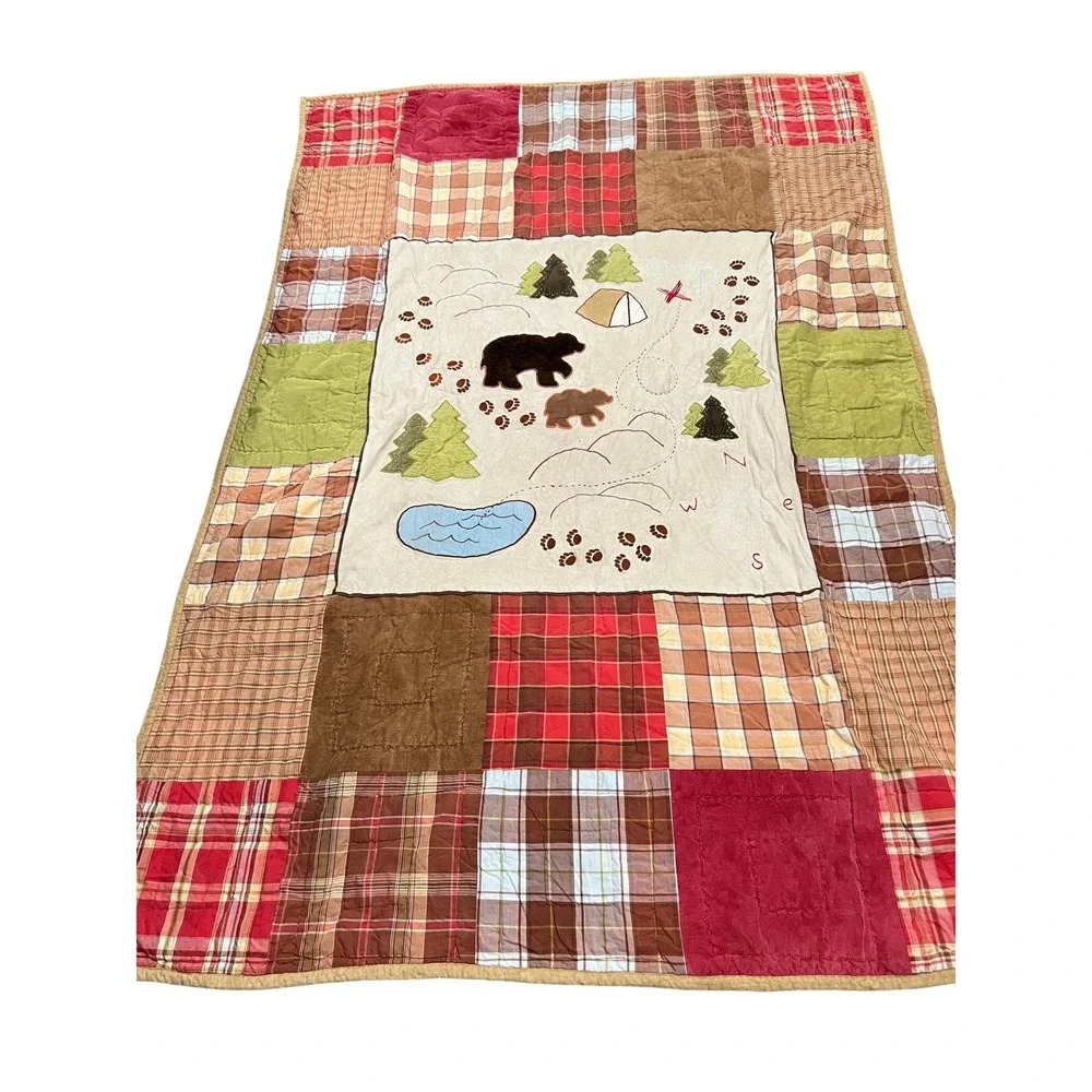 Vintage Woolrich Kids Cabin Quilt | Bear Patchwork | Rustic Lodge Twin Bedding
